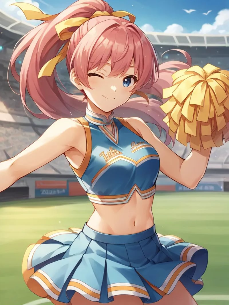 rating_safe, score_9, score_8_up, score_7_up,  <lora:ayasakitabanepony:1>,1girl, solo, tabaneingoku, pink hair, long hair, ponytail, blue eyes, hair ribbon, yellow ribbon, shirt, sleeveless, skirt, midriff, cheerleader outfit, outdoors, stadium, wink, smile, dancing, dynamic pose