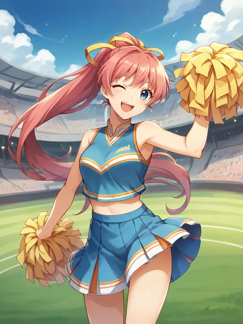 rating_safe, score_9, score_8_up, score_7_up,  <lora:ayasakitabanepony:1>,1girl, solo, tabaneingoku, pink hair, long hair, ponytail, blue eyes, hair ribbon, yellow ribbon, shirt, sleeveless, skirt, midriff, cheerleader outfit, outdoors, stadium, wink, smile, dancing, dynamic pose