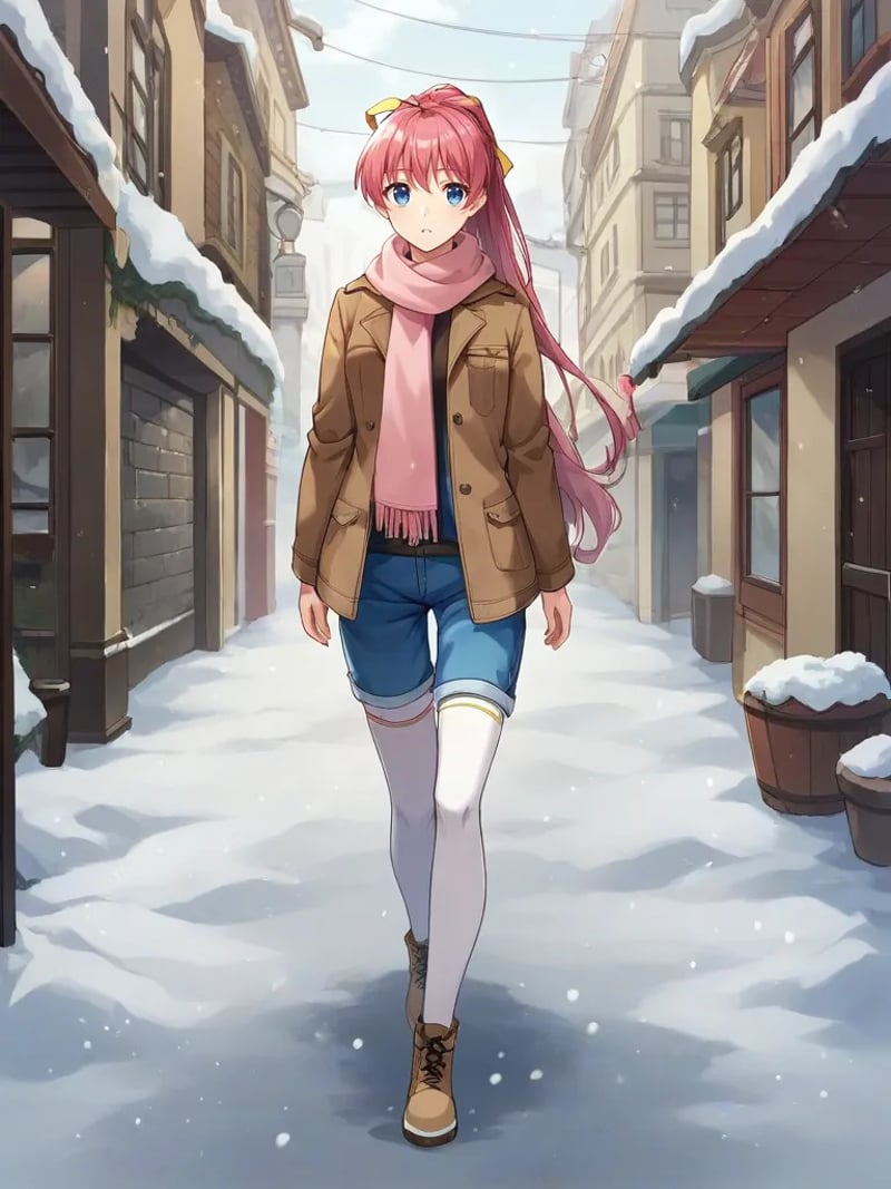 rating_safe, score_9, score_8_up, score_7_up,  <lora:ayasakitabanepony:1>,1girl, solo, tabaneingoku, pink hair, long hair, ponytail, blue eyes, hair ribbon, yellow ribbon, pink scarf, brown jacket, shirt, blue shorts, white thighhighs, outdoors, street, winter, snow, walking, parted lips