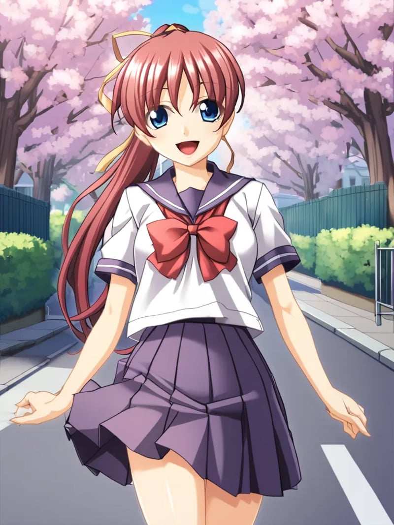 1girl, solo, ayasakitabane, red hair, long hair, ponytail, hair ribbon, blue eyes, white shirt, short sleeves, neck bow, purple skirt, school uniform, serafuku, standing, street, cherry blossoms, open mouth, smile, walking <lora:ayasakitabaneingokuXL:1>