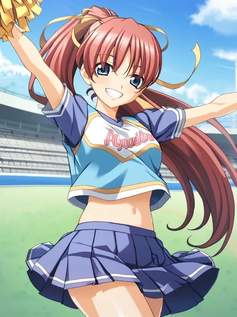 1girl, solo, ayasakitabane, red hair, long hair, ponytail, hair ribbon, blue eyes, blue shirt, midriff, blue pleated skirt, cheerleader, outdoors, track field, open arms, smile <lora:ayasakitabaneingokuXL:1>