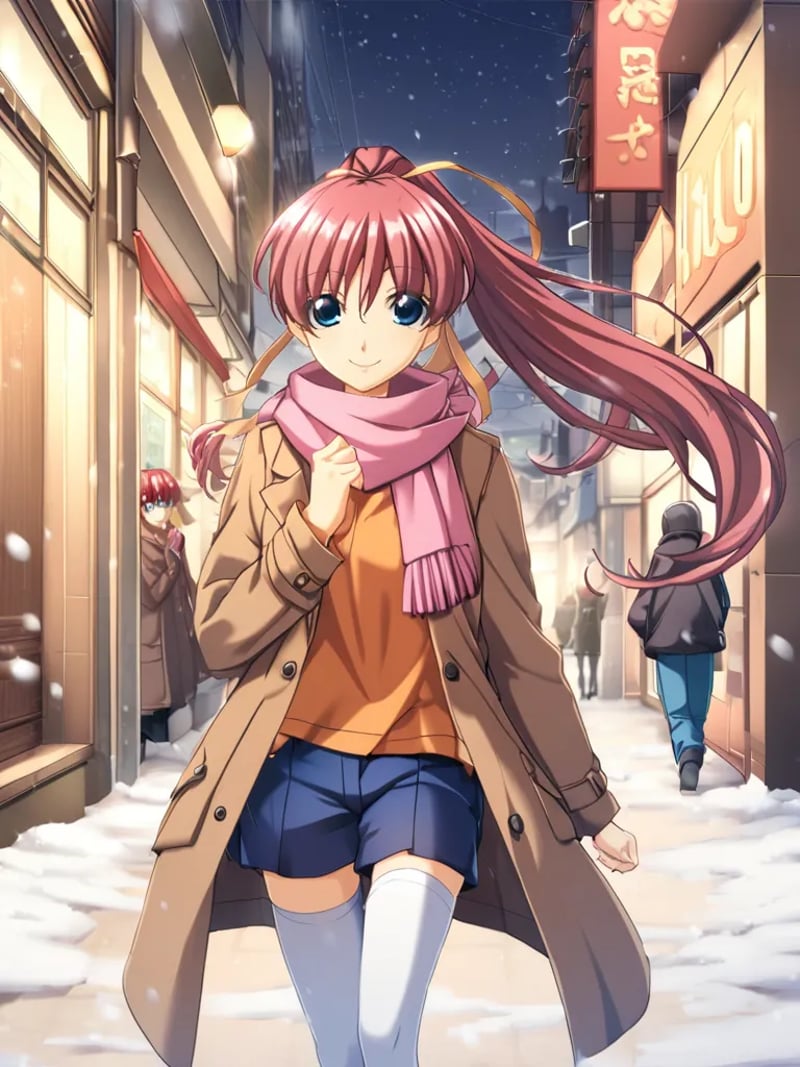 1girl, solo, ayasakitabane, red hair, long hair, ponytail, hair ribbon, blue eyes, pink scarf, brown coat, orange shirt, blue shorts, white thighhighs, outdoors, city, snowing, winter, walking, smile, <lora:ayasakitabaneingokuXL:1>