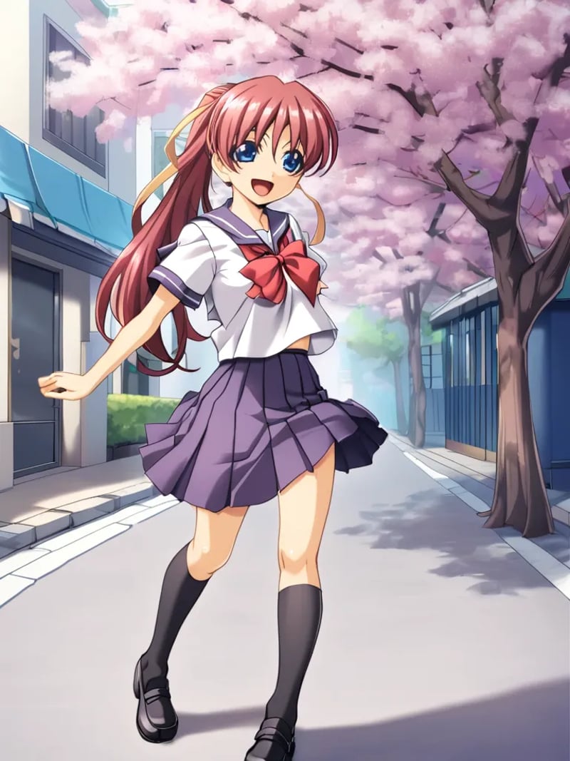 1girl, solo, ayasakitabane, red hair, long hair, ponytail, hair ribbon, blue eyes, white shirt, short sleeves, neck bow, purple skirt, school uniform, serafuku, kneehighs, black footwear, standing, street, cherry blossoms, open mouth, smile, walking <lora:ayasakitabaneingokuXL:1>