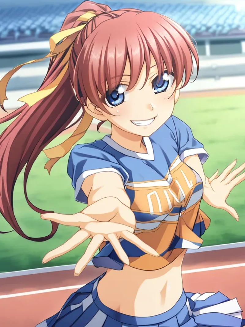 1girl, solo, ayasakitabane, red hair, long hair, ponytail, hair ribbon, blue eyes, blue shirt, midriff, blue pleated skirt, cheerleader, outdoors, track field, open arms, smile <lora:ayasakitabaneingokuXL:1>