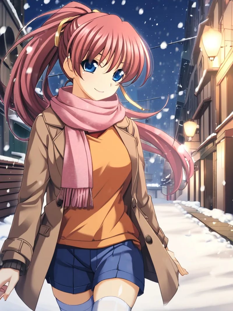 1girl, solo, ayasakitabane, red hair, long hair, ponytail, hair ribbon, blue eyes, pink scarf, brown coat, orange shirt, blue shorts, white thighhighs, outdoors, city, snowing, winter, walking, smile, <lora:ayasakitabaneingokuXL:1>