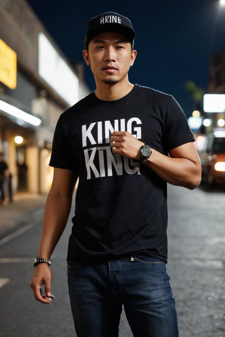 A cinematic portrait of an Indonesian male musician in his late 38s, balding 0,02mm hairstyle, with black eyes. He wears an ordinary black snapback hat with "KING" in gothic font on it and a watch on his wrist, dressed in a casual black T-shirt paired with black jeans and black boots. Amidst the vibrant, bustling streets, where intricate details reveal poetry-filled background elements. The subject exudes relaxed naturalism, eyes blinking softly, breathing subtly, as he moves organically in front of varied bustling street scenes.

Framed in a normal shot with cinematic flair, the camera rotates at an angle while keeping him centered. Capture this scene in ultra-realistic HD, highlighting detailed photorealistic elements, photorealistic settings, and cinematic lighting with film grain and depth of field. Show his calm, loving attitude and expression, with vivid super realism.

Photography shot with a Canon EOS 5D Mark IV, 50mm lens in vivid realistic sync hyper-realistic, this cinematic masterpiece features Unreal Engine 5, 8K ultra detail and realism, Ultra-HDR, photorealistic settings, and cinematic lighting with film grain and depth of field. --ar 16:9 --v 6.

Indonesian handsome male, full of dramatic calm love attitude and expression, expert in acting, posing, body language, hand-finger language, gestures, expression, pointing, holding anything, and more. Wearing: an ordinary black snapback hat with "KING" in gothic font on it and a watch on his wrist, dressed in a casual black T-shirt paired with black jeans and black boots. Background: varied - amidst the vibrant, bustling streets, where intricate details reveal poetry-filled background elements. All detailed intricately, including the poetry contents.

Character Pose and Action: Human lifelike, breath, blinking eyes, move, acting, posing, real-life-consistent character, real character, real pose, real acting, real life-consistent character. Expert actor, not difficult for varied dynamic poses with the best point of view from various angles.

Camera shot technically: Cinematic normal shot, the movie camera, the camera rotates at a certain angle while keeping the subject centered, creatively to enhance storytelling and visual appeal in cinematography. Visual and Technical Details: Captured in ultra-realistic HD, highlighting detailed, photorealistic elements, photorealistic settings, focused on the best photorealistic. DSLR, analog, epic realism, realism, realismV2, realistic realism, cinematic shot, action shot. Gloom expression, streaked hair, cinematic lighting, film grain, depth of field, real-time and cinematic aesthetic, enchanting figure-realistic photo. Lighting realistic hyperrealism photography, vivid realistic sync, hyper-realistic, cinematic, detailed, hypermaximalist, octane render, Unreal Engine 5. 8K, ultra detail, ultra realism, cinematic-aesthetic, exotic, exotic themes, photorealistic, perfect details, perfect symmetry, hyper realistic, 4K, 3D. High-realistic HD, ultra HD 8K, resolution hyper quality, ultra-high clarity ultra HD, HDR, 16K resolution, high detail ultra HD, picture ultra-high definition, high resolution high definition, ultra-high resolution super clarity.

Additional Attributes: Better photography, real photo/portrait, more detail XL, male, model, concept character, realistic, more detail XL, male, model, concept character, SDXL 1.0, realistic.

intricately:
[Verse]
Wandering the streets tonight
City lights are burning bright
Hat with KING all bold and true
Jeans and boots I'm coming through

[Verse 2]
Concrete jungle stories told
Heartbeats echo through the cold
Black eyes watch the world go 'round
In this starlit city sound

[Chorus]
Walking like the stars above
In the city that I love
Echoes of a thousand dreams
Underneath the neon beams

[Verse 3]
Shadows dancing in the night
Footsteps counted left to right
Hat brim low my gaze is high
Stars beneath the urban sky

[Bridge]
In this town our spirits roam
Every street I call my home
Jeans and boots I'm marching on
Till the night gives way to dawn

[Chorus]
Walking like the stars above
In the city that I love
Echoes of a thousand dreams
Underneath the neon beams,REALISTIC