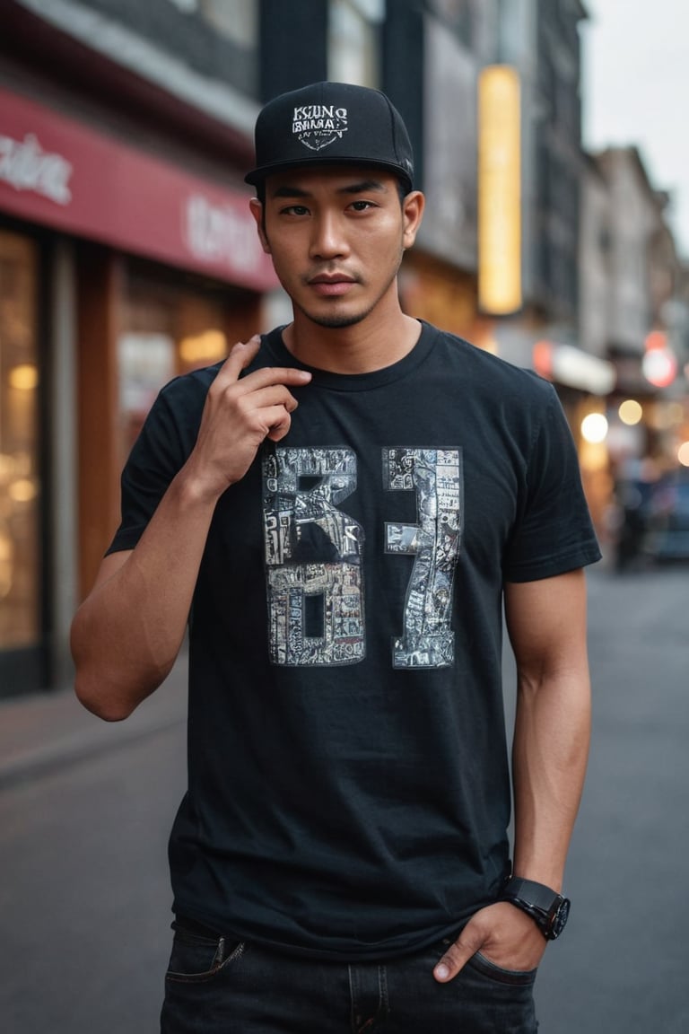 A cinematic portrait of an Indonesian male musician in his late 38s, balding 0,02mm hairstyle, with black eyes. He wears an ordinary black snapback hat with "KING" in gothic font on it and a watch on his wrist, dressed in a casual black T-shirt paired with black jeans and black boots. Amidst the vibrant, bustling streets, where intricate details reveal poetry-filled background elements. The subject exudes relaxed naturalism, eyes blinking softly, breathing subtly, as he moves organically in front of varied bustling street scenes.

Framed in a normal shot with cinematic flair, the camera rotates at an angle while keeping him centered. Capture this scene in ultra-realistic HD, highlighting detailed photorealistic elements, photorealistic settings, and cinematic lighting with film grain and depth of field. Show his calm, loving attitude and expression, with vivid super realism.

Photography shot with a Canon EOS 5D Mark IV, 50mm lens in vivid realistic sync hyper-realistic, this cinematic masterpiece features Unreal Engine 5, 8K ultra detail and realism, Ultra-HDR, photorealistic settings, and cinematic lighting with film grain and depth of field. --ar 16:9 --v 6.

Indonesian handsome male, full of dramatic calm love attitude and expression, expert in acting, posing, body language, hand-finger language, gestures, expression, pointing, holding anything, and more. Wearing: an ordinary black snapback hat with "KING" in gothic font on it and a watch on his wrist, dressed in a casual black T-shirt paired with black jeans and black boots. Background: varied - amidst the vibrant, bustling streets, where intricate details reveal poetry-filled background elements. All detailed intricately, including the poetry contents.

Character Pose and Action: Human lifelike, breath, blinking eyes, move, acting, posing, real-life-consistent character, real character, real pose, real acting, real life-consistent character. Expert actor, not difficult for varied dynamic poses with the best point of view from various angles.

Camera shot technically: Cinematic normal shot, the movie camera, the camera rotates at a certain angle while keeping the subject centered, creatively to enhance storytelling and visual appeal in cinematography. Visual and Technical Details: Captured in ultra-realistic HD, highlighting detailed, photorealistic elements, photorealistic settings, focused on the best photorealistic. DSLR, analog, epic realism, realism, realismV2, realistic realism, cinematic shot, action shot. Gloom expression, streaked hair, cinematic lighting, film grain, depth of field, real-time and cinematic aesthetic, enchanting figure-realistic photo. Lighting realistic hyperrealism photography, vivid realistic sync, hyper-realistic, cinematic, detailed, hypermaximalist, octane render, Unreal Engine 5. 8K, ultra detail, ultra realism, cinematic-aesthetic, exotic, exotic themes, photorealistic, perfect details, perfect symmetry, hyper realistic, 4K, 3D. High-realistic HD, ultra HD 8K, resolution hyper quality, ultra-high clarity ultra HD, HDR, 16K resolution, high detail ultra HD, picture ultra-high definition, high resolution high definition, ultra-high resolution super clarity.

Additional Attributes: Better photography, real photo/portrait, more detail XL, male, model, concept character, realistic, more detail XL, male, model, concept character, SDXL 1.0, realistic.

intricately:
[Verse]
Wandering the streets tonight
City lights are burning bright
Hat with KING all bold and true
Jeans and boots I'm coming through

[Verse 2]
Concrete jungle stories told
Heartbeats echo through the cold
Black eyes watch the world go 'round
In this starlit city sound

[Chorus]
Walking like the stars above
In the city that I love
Echoes of a thousand dreams
Underneath the neon beams

[Verse 3]
Shadows dancing in the night
Footsteps counted left to right
Hat brim low my gaze is high
Stars beneath the urban sky

[Bridge]
In this town our spirits roam
Every street I call my home
Jeans and boots I'm marching on
Till the night gives way to dawn

[Chorus]
Walking like the stars above
In the city that I love
Echoes of a thousand dreams
Underneath the neon beams,REALISTIC