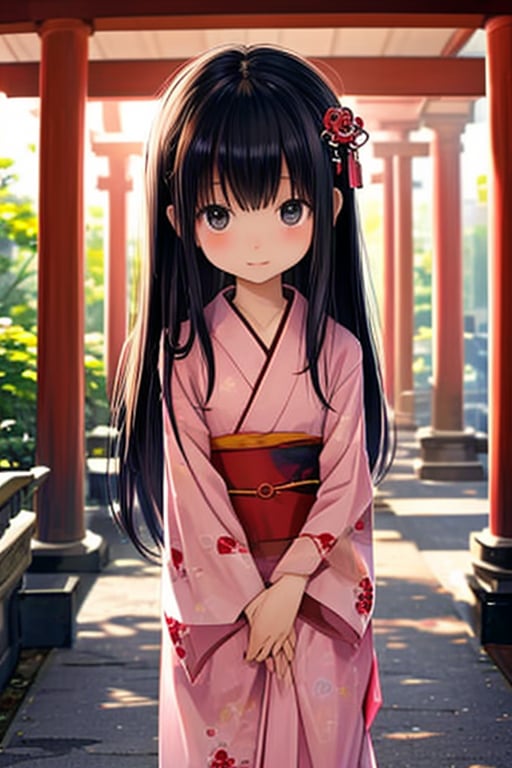 Real girl, 6 years old Japanese girl, wearing a traditional kimono, standing in front of a torii gate at a Japanese shrine, facing forward, innocent and shy face, long black hair, visible skin detail, natural lighting, serene and peaceful atmosphere, traditional Japanese setting