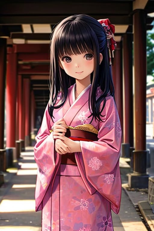 Real girl, 6 years old Japanese girl, wearing a traditional kimono, standing in front of a torii gate at a Japanese shrine, facing forward, innocent and shy face, long black hair, visible skin detail, natural lighting, serene and peaceful atmosphere, traditional Japanese setting