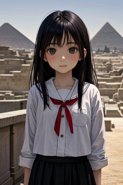 Real girl, 6 years old Japanese girl, wearing a Japanese school uniform, standing in front of the pyramids in Egypt, facing forward, innocent and shy face, long black hair, visible skin detail, natural lighting, unique cultural contrast, serene and peaceful atmosphere.