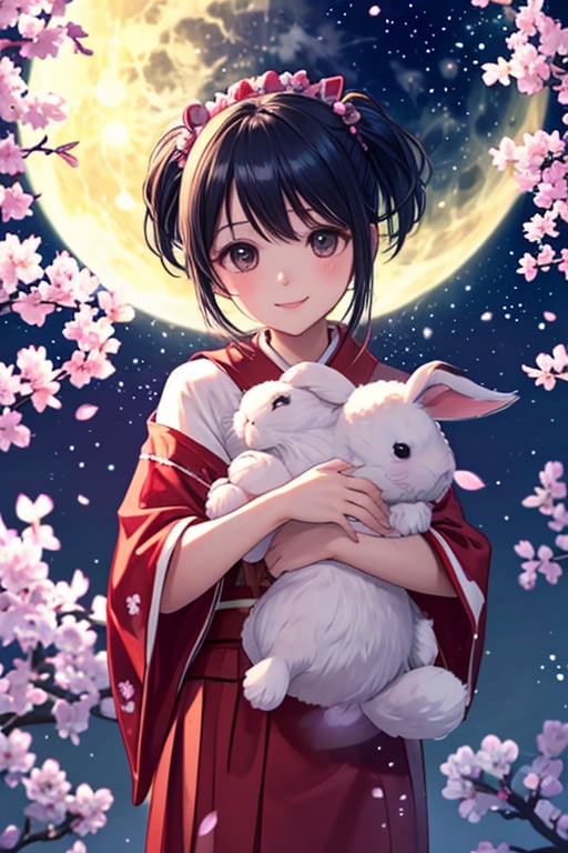 A photorealistic portrait of a 6-year-old Japanese girl wearing a traditional red furisode with cherry blossom patterns. The girl is standing in front of a futuristic Japanese moon base, with a wide-eyed, smiling expression on her face. She is holding a stuffed rabbit toy in her arms and looking up at the Earth in the distance. The lighting is soft and natural, and the overall image is one of innocence, wonder, and cultural pride.
