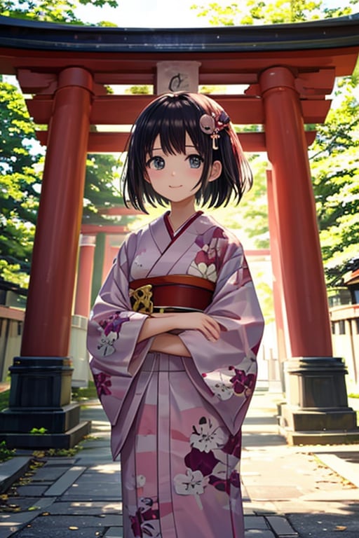 Real girl, 6 years old Japanese girl, wearing a traditional kimono, standing in front of a torii gate at a Japanese Shinto shrine. The girl's face is innocent and shy, with a gentle smile. She has long, dark brown hair and visible skin details, including skin fuzz, giving her a natural and youthful appearance. The lighting is soft and natural, capturing the serene atmosphere of the shrine. The background is a vibrant and colorful torii gate, symbolizing the cultural heritage of Japan.