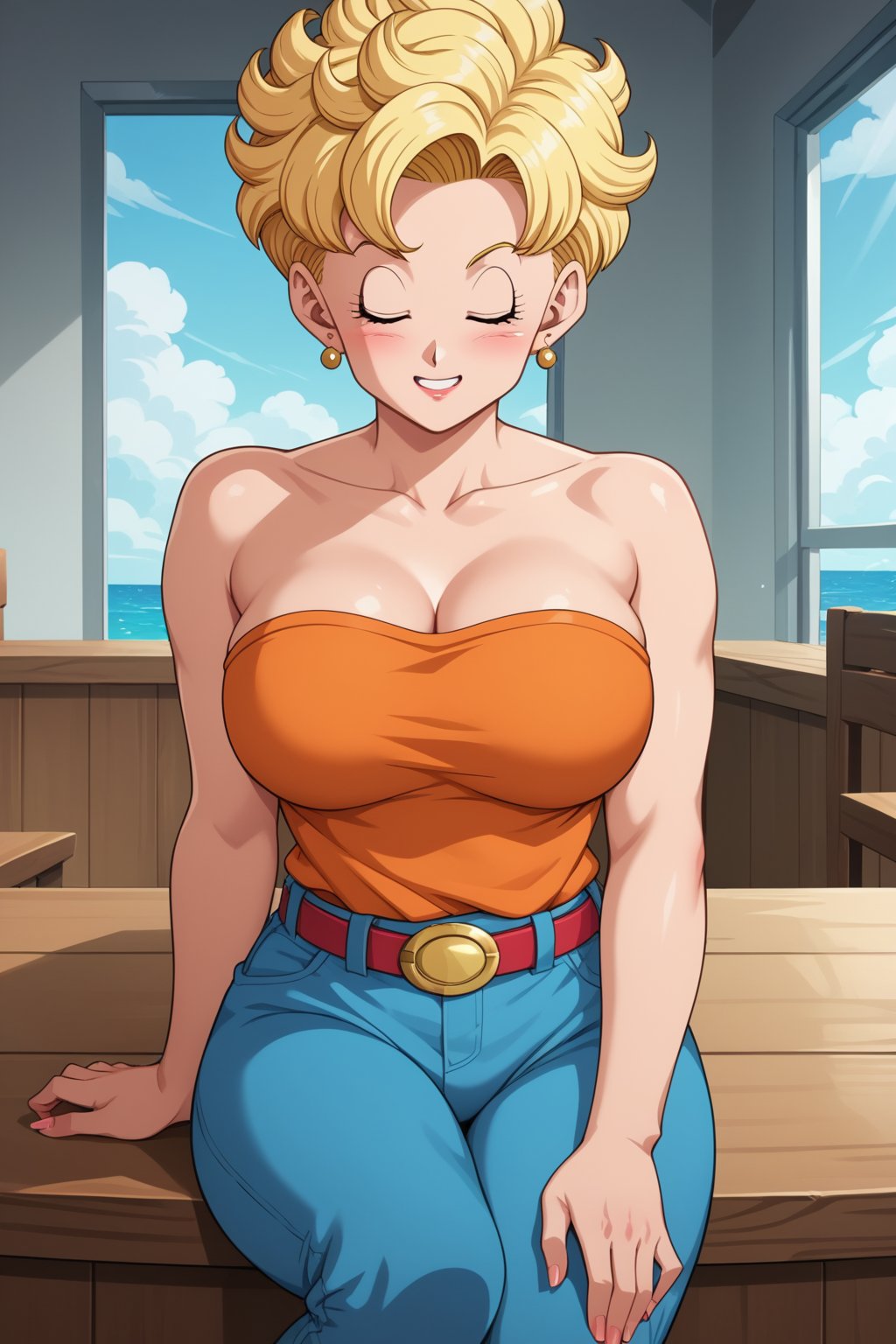 score_9, score_8_up, score_7_up, source_anime, anime screencap, 1girl, Briefs, dragon ball, blonde hair, short hair, curly hair, closed eyes, mature female, earrings, orange shirt, striped, strapless, cleavage, bare shoulders, belt, blue pants, looking at viewer, pov, sitting, indoors