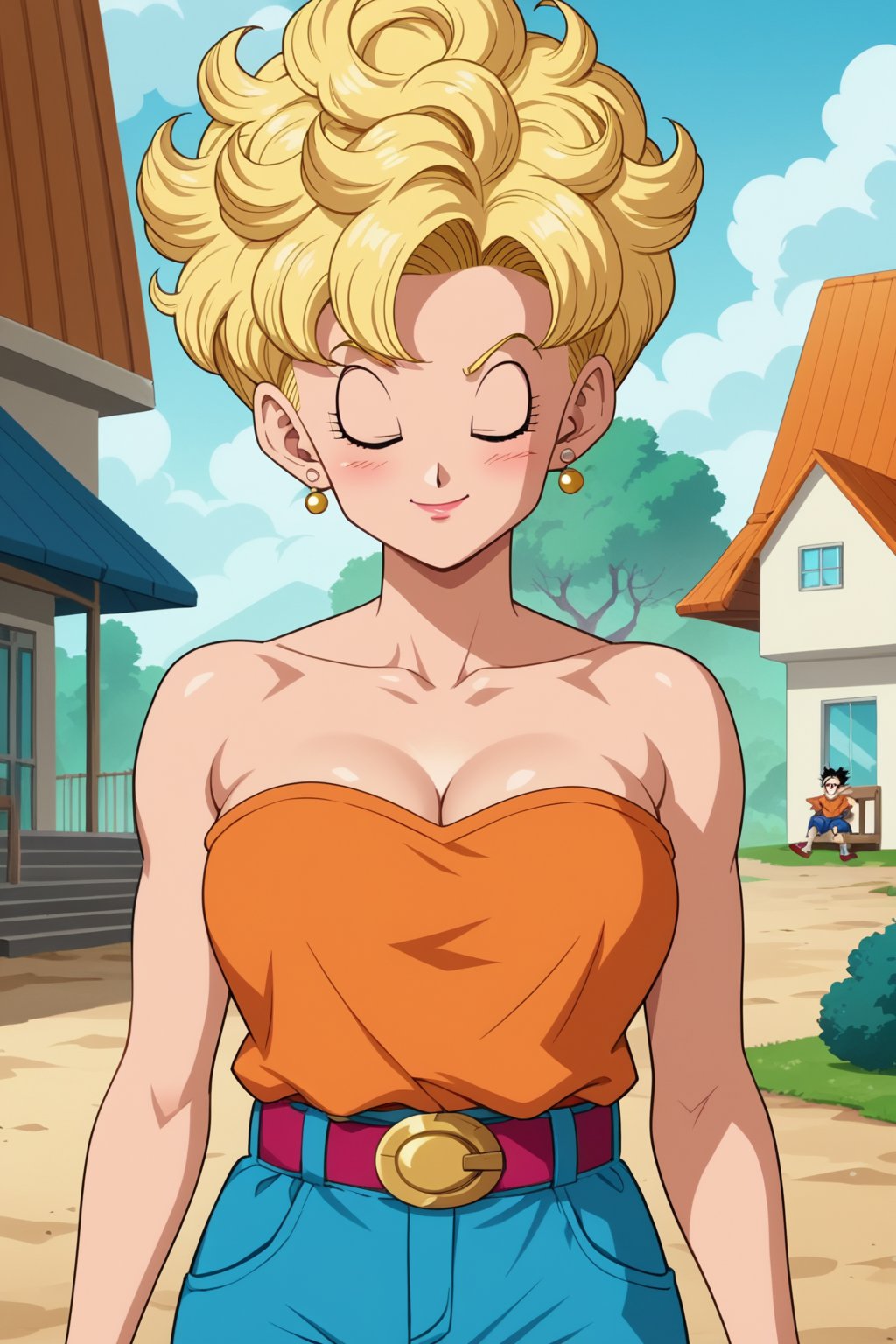 score_9, score_8_up, score_7_up, source_anime, anime screencap, 1girl, Briefs, dragon ball, blonde hair, short hair, curly hair, closed eyes, mature female, earrings, orange shirt, striped, strapless, cleavage, bare shoulders, belt, blue pants, outdoors