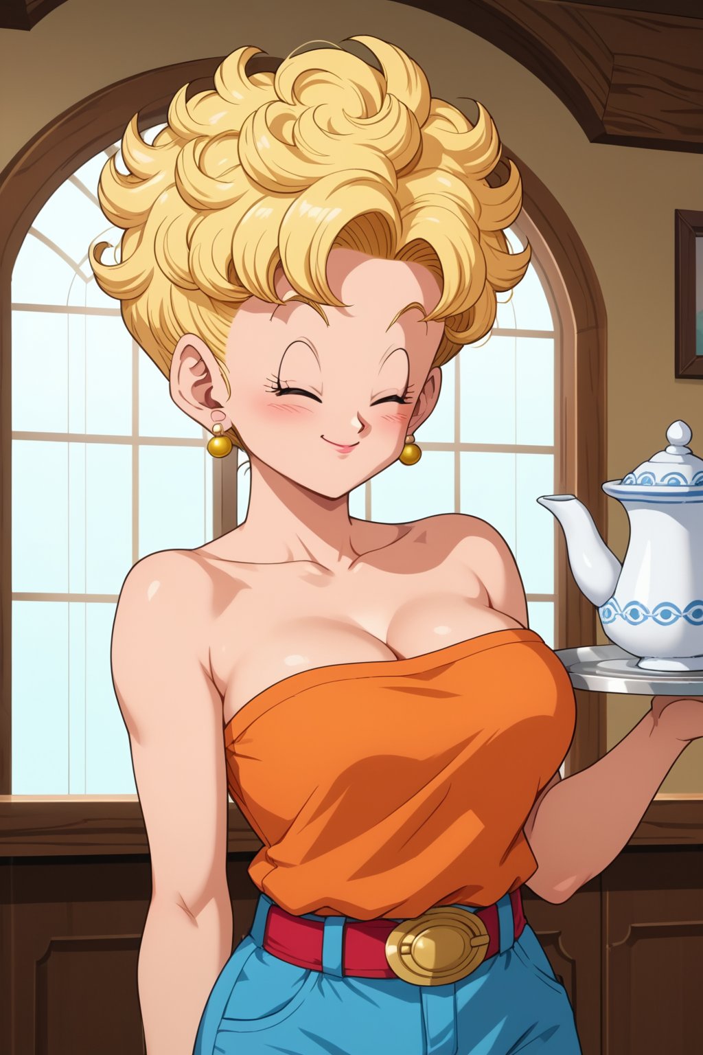 score_9, score_8_up, score_7_up, source_anime, anime screencap, 1girl, Briefs, dragon ball, blonde hair, short hair, curly hair, closed eyes, mature female, earrings, orange shirt, striped, strapless, cleavage, bare shoulders, belt, blue pants, holding a tray with tea cups, indoors