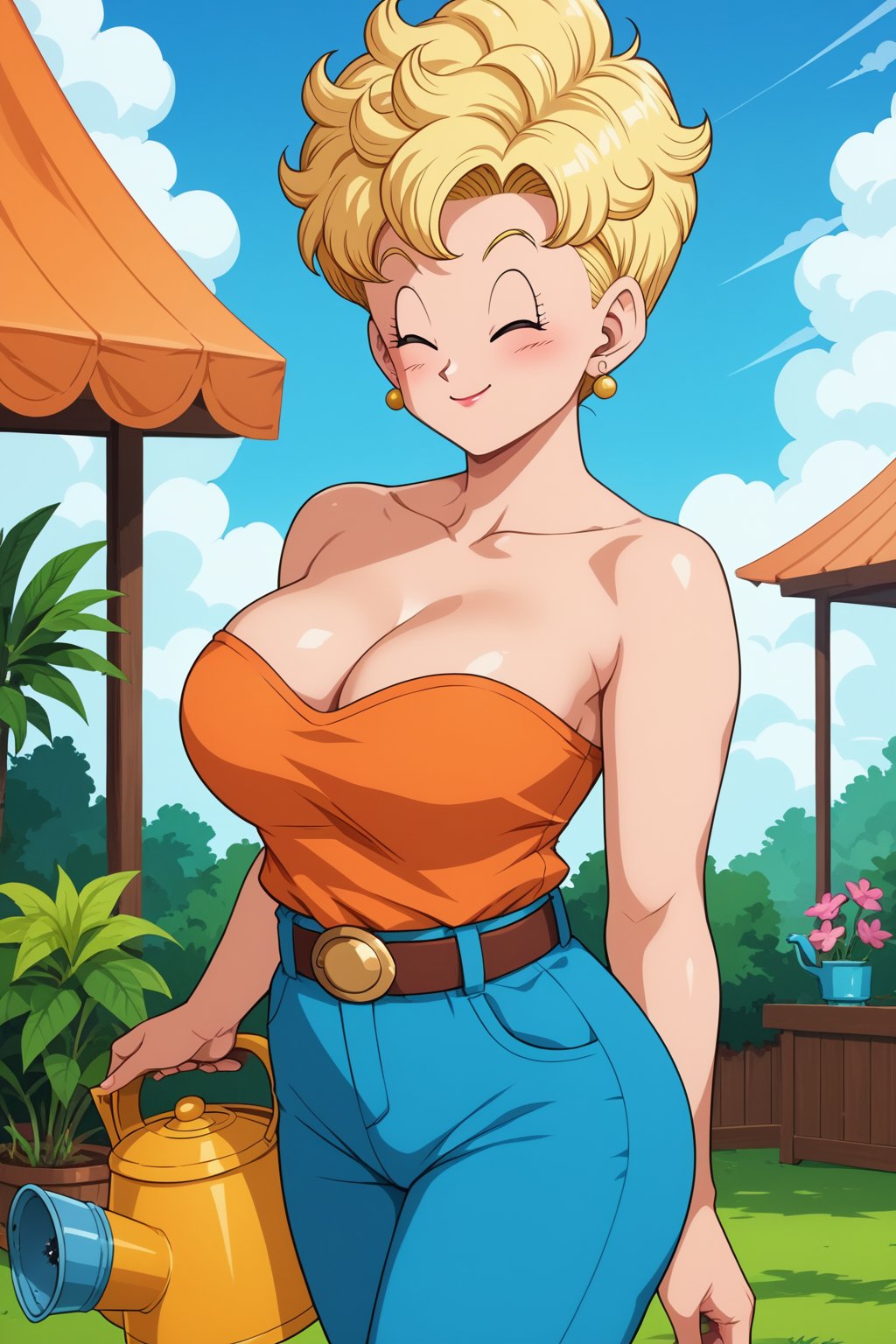 score_9, score_8_up, score_7_up, source_anime, anime screencap, 1girl, Briefs, dragon ball, blonde hair, short hair, curly hair, closed eyes, mature female, earrings, orange shirt, striped, strapless, cleavage, bare shoulders, belt, blue pants, watering the plants, holding the watering can, outdoors