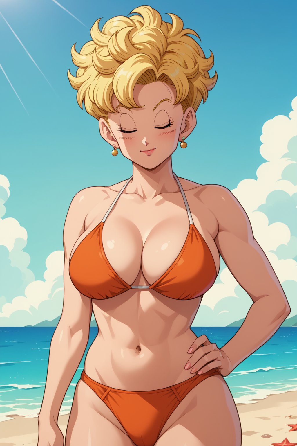 score_9, score_8_up, score_7_up, source_anime, anime screencap, 1girl, Briefs, dragon ball, blonde hair, short hair, curly hair, closed eyes, mature female, earrings, bikini, looking at viewer, beach