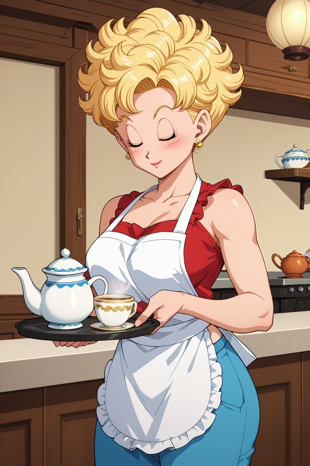 score_9, score_8_up, score_7_up, source_anime, anime screencap, 1girl, Briefs, dragon ball, blonde hair, short hair, curly hair, closed eyes, mature female, earrings, shirt, apron, bare shoulders, blue pants, holding a tray with tea cups, indoors