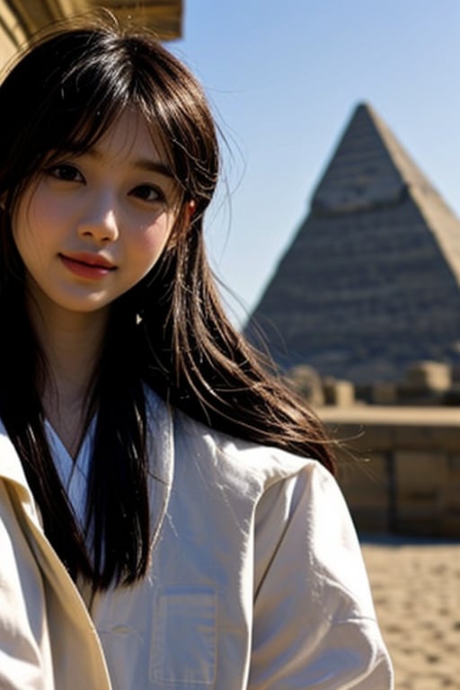 Real girl, 6 years old Japanese girl, wearing a Japanese school uniform, standing in front of the pyramids in Egypt, facing forward, innocent and shy face, long black hair, visible skin detail, natural lighting, unique cultural contrast, serene and peaceful atmosphere.