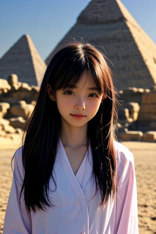 Real girl, 6 years old Japanese girl, wearing a Japanese school uniform, standing in front of the pyramids in Egypt, facing forward, innocent and shy face, long black hair, visible skin detail, natural lighting, unique cultural contrast, serene and peaceful atmosphere.