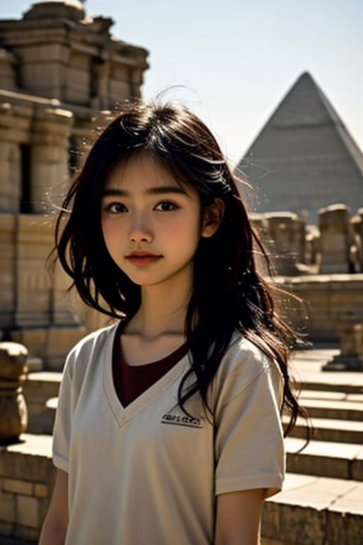 Real girl, 6 years old Japanese girl, wearing a Japanese school uniform, standing in front of the pyramids in Egypt, facing forward, innocent and shy face, long black hair, visible skin detail, natural lighting, unique cultural contrast, serene and peaceful atmosphere.