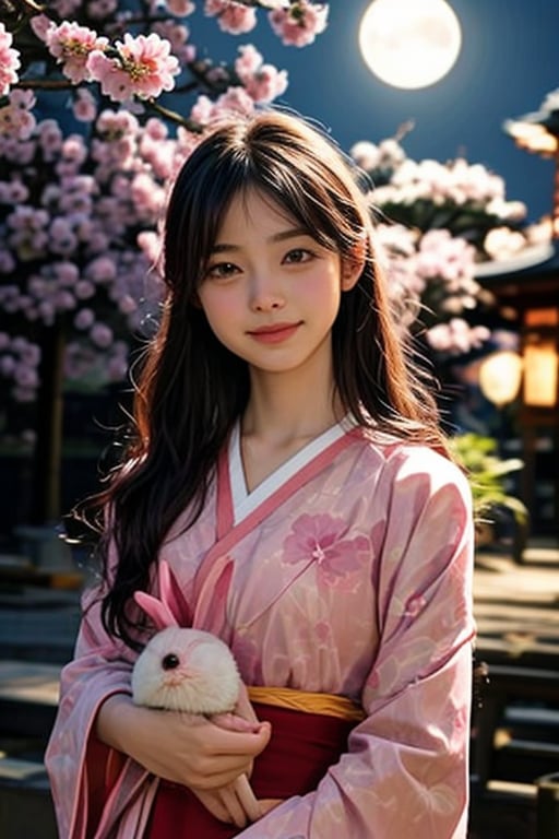 A photorealistic portrait of a 6-year-old Japanese girl wearing a traditional red furisode with cherry blossom patterns. The girl is standing in front of a futuristic Japanese moon base, with a wide-eyed, smiling expression on her face. She is holding a stuffed rabbit toy in her arms and looking up at the Earth in the distance. The lighting is soft and natural, and the overall image is one of innocence, wonder, and cultural pride.
