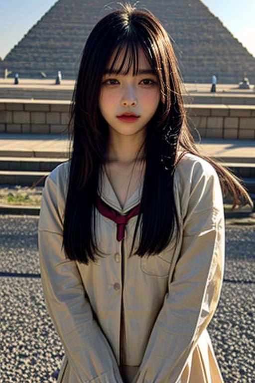 Real girl, 6 years old Japanese girl, wearing a Japanese school uniform, standing in front of the pyramids in Egypt, facing forward, innocent and shy face, long black hair, visible skin detail, natural lighting, unique cultural contrast, serene and peaceful atmosphere.