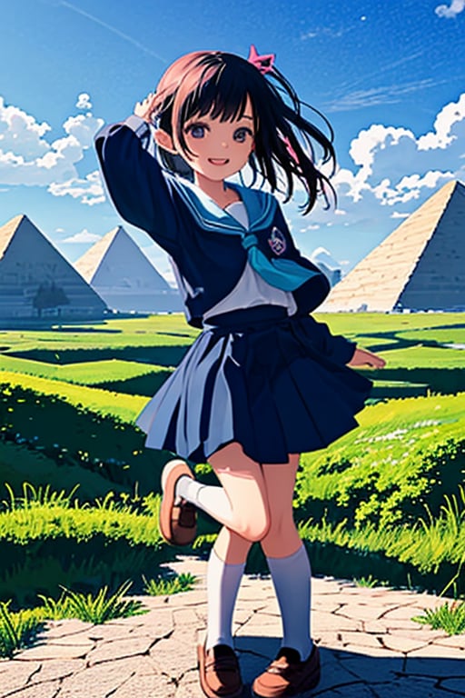 Create an image featuring a 6-year-old Japanese girl wearing a school uniform, standing in front of the Egyptian pyramids. The artwork should capture the whimsical charm of a child's imagination, with vibrant colors, playful shapes, and a joyful expression on the girl's face. Render the image in 8K resolution, making it suitable for use as a high-quality wallpaper.