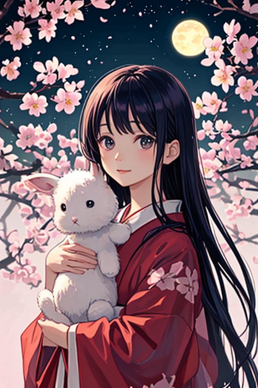 A photorealistic portrait of a 6-year-old Japanese girl wearing a traditional red furisode with cherry blossom patterns. The girl is standing in front of a futuristic Japanese moon base, with a wide-eyed, smiling expression on her face. She is holding a stuffed rabbit toy in her arms and looking up at the Earth in the distance. The lighting is soft and natural, and the overall image is one of innocence, wonder, and cultural pride.
