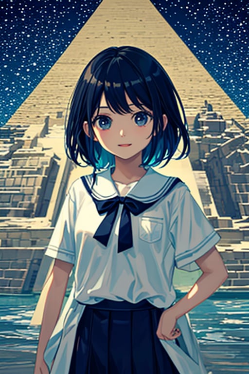 Create an image featuring a 6-year-old Japanese girl wearing a school uniform, standing in front of the Egyptian pyramids. The artwork should capture the whimsical charm of a child's imagination, with vibrant colors, playful shapes, and a joyful expression on the girl's face. Render the image in 8K resolution, making it suitable for use as a high-quality wallpaper.