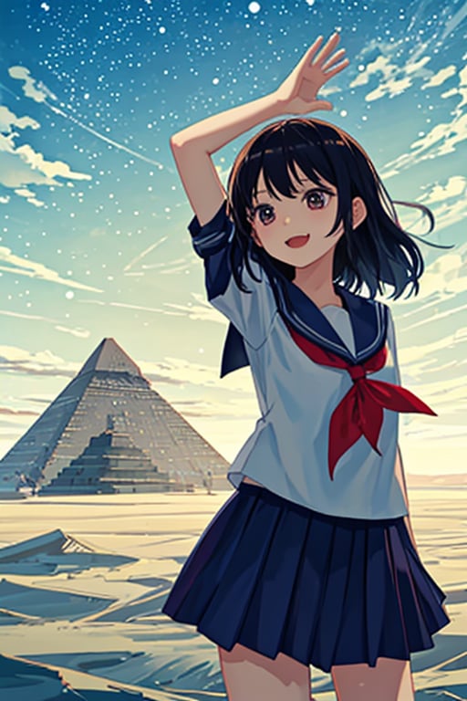 Create an image featuring a 6-year-old Japanese girl wearing a school uniform, standing in front of the Egyptian pyramids. The artwork should capture the whimsical charm of a child's imagination, with vibrant colors, playful shapes, and a joyful expression on the girl's face. Render the image in 8K resolution, making it suitable for use as a high-quality wallpaper.