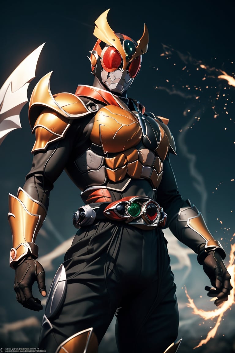 kamen Rider stands solo in a radiant white aura, exuding perfection as he strikes a powerful pose (1.3) showcasing flawless anatomy. The long shot (1.4) captures his majestic figure against a simple yet striking background. A warm glow of natural and professional lighting (1.3) highlights every detail, with crisp shadows adding depth to the image. His gaze meets the viewer's directly, inviting an intense connection. Every aspect, from the ultra-detailed texture to the sharp focus, is meticulously crafted for a masterpiece in 8K quality,agito