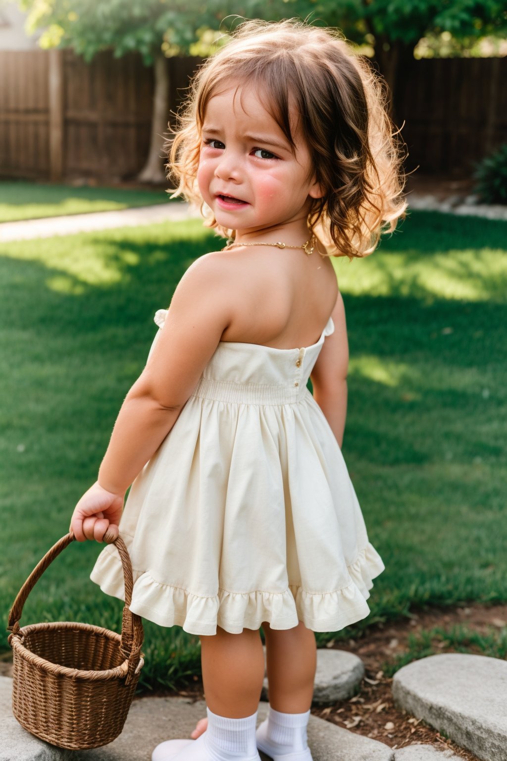 RAW photo, outdoors, back yard, female child, lg1, 4 year old, brown hair, realistic detailed face, crying, facing viewer, looking at viewer, golden heart necklace, wearing a strapless off shoulders top, short soft skirt, long white socks, standing, professional photo, natural light,  shallow depth of field, f8, bokeh, Fujifilm XT3