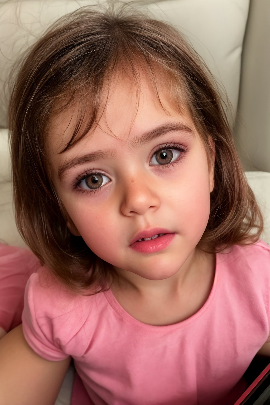 pov, from above,  face focus, l1ttl3 girl, 5 year old, brown hair, detailed face, eyes open, realistic eyes, eye contact, parted lips, pink shirt,  8k uhd, dslr, natural lighting, high quality, lg3, bokeh