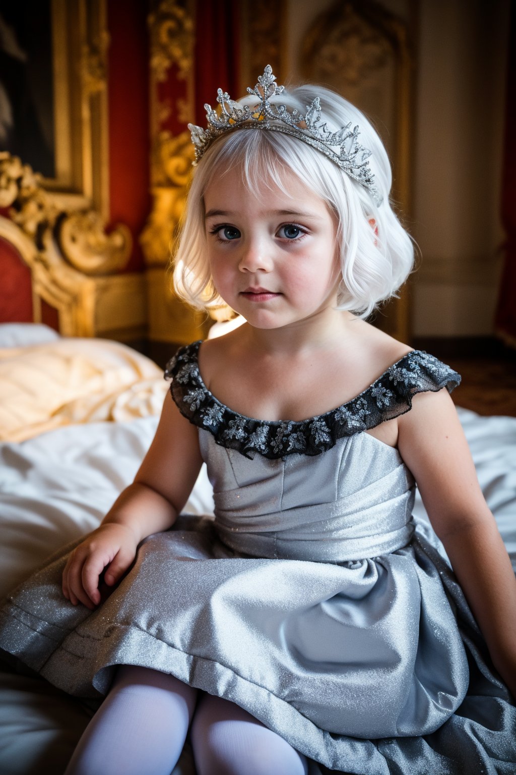 RAW photo, the 5 year old female child princess is sitting on the bed in her royal bed chamber in the castle. She looks sad. On her head on top of her white hair she wears a silver crown. Her off shoulders dress is made of black silk with silver ornaments. She is illuminated by pale moonlight. professional photo, natural light, shallow depth of field, f8, bokeh, Fujifilm XT3