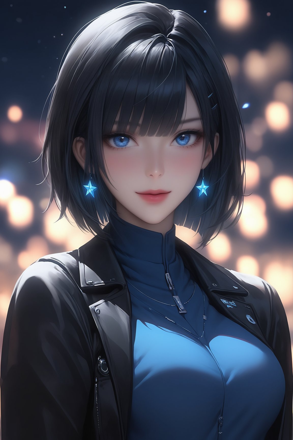 score_9, score_8_up, score_7_up, close-up, 1girl, solo, perfect face, looking at viewer, black hair, bob haircut, hime_cut, bangs, stylish hair, blue eyes, medium breasts, voluptuous, intricate eyes, smile, her hands, black jacket, blue shirt, black pants, happy, blush, windy hair, outdoors, night, city, stars, aurora, bokeh