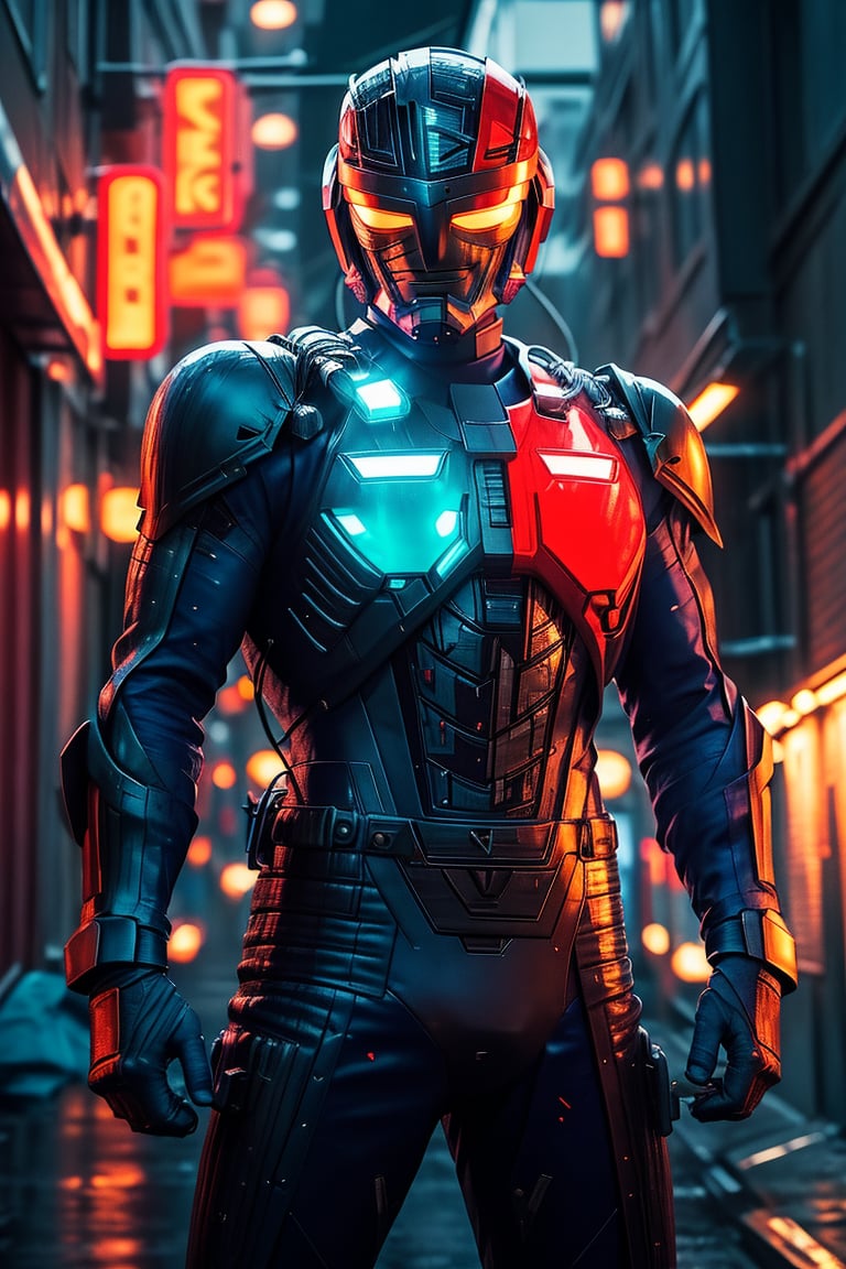 A solo metal hero stands confidently in a dimly lit, neon-lit alleyway, the body has a half red color and blue color. The hero's metallic armor glistens under the faint glow of streetlights and distant cityscapes. A sleek, high-tech motorcycle leans against the wall behind him, its engine humming softly. The hero's pose is strong and assertive, fists clenched as he surveys his surroundings with a fearless gaze.,metalder