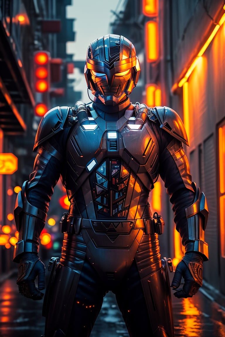 A solo metal hero stands confidently in a dimly lit, neon-lit alleyway. The hero's metallic armor glistens under the faint glow of streetlights and distant cityscapes. A sleek, high-tech motorcycle leans against the wall behind him, its engine humming softly. The hero's pose is strong and assertive, fists clenched as he surveys his surroundings with a fearless gaze.,metalder