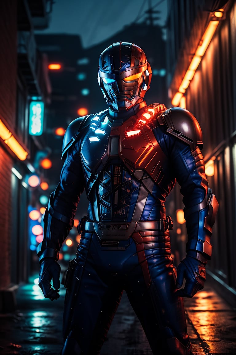 A solo metal hero stands confidently in a dimly lit, neon-lit alleyway, the body has a half red color and blue color. The hero's armor glistens under the faint glow of streetlights and distant cityscapes. A sleek, high-tech motorcycle leans against the wall behind him, its engine humming softly. The hero's pose is strong and assertive, fists clenched as he surveys his surroundings with a fearless gaze.,metalder