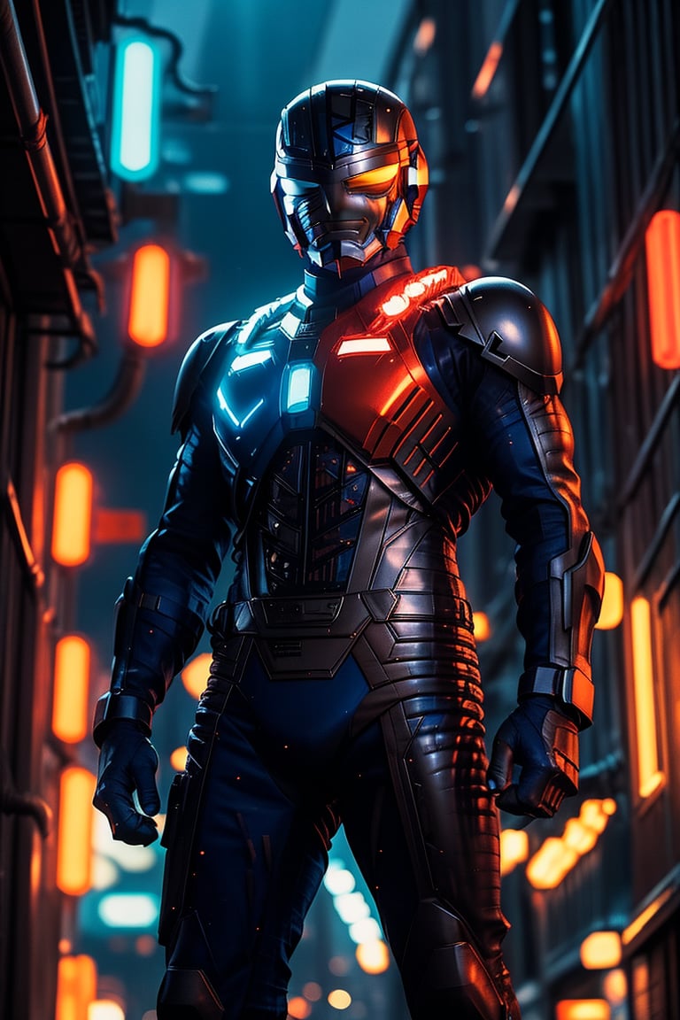 A solo metal hero stands confidently in a dimly lit, neon-lit alleyway, the body has a half red color and blue color. The hero's armor glistens under the faint glow of streetlights and distant cityscapes. A sleek, high-tech motorcycle leans against the wall behind him, its engine humming softly. The hero's pose is strong and assertive, fists clenched as he surveys his surroundings with a fearless gaze.,metalder