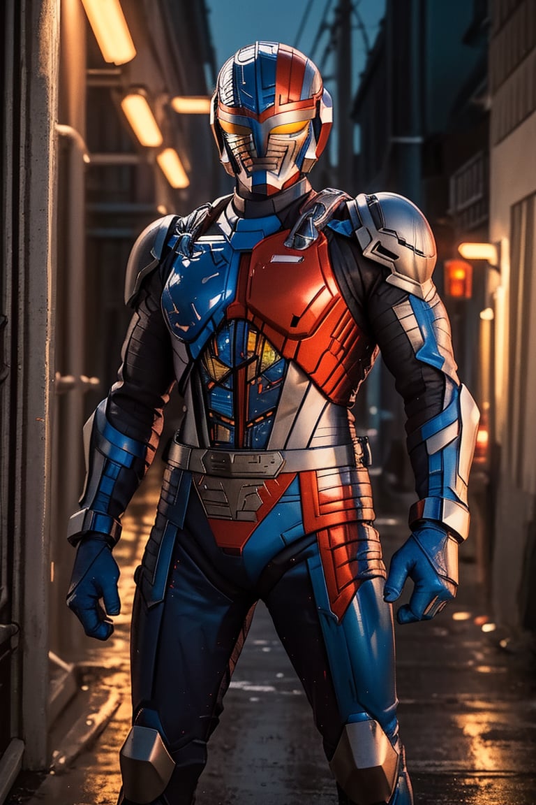 A solo metal hero stands confidently in a dimly lit, neon-lit alleyway, the body has a half red color and blue color. The hero's armor glistens under the faint glow of streetlights and distant cityscapes. A sleek, high-tech motorcycle leans against the wall behind him, its engine humming softly. The hero's pose is strong and assertive, fists clenched as he surveys his surroundings with a fearless gaze.,metalder