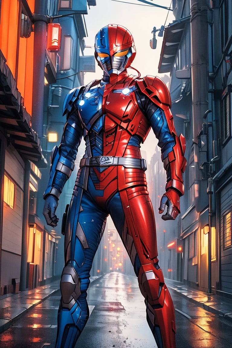 A solo metal hero stands confidently in a dimly lit, neon-lit alleyway, the body has a half red color and blue color. The hero's armor glistens under the faint glow of streetlights and distant cityscapes. A sleek, high-tech motorcycle leans against the wall behind him, its engine humming softly. The hero's pose is strong and assertive, fists clenched as he surveys his surroundings with a fearless gaze.,metalder