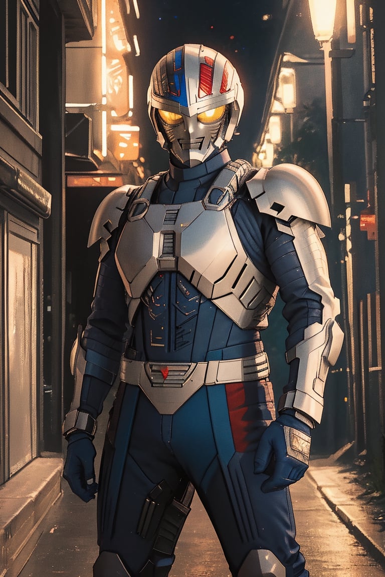 A solo metal hero stands confidently in a dimly lit, neon-lit alleyway, the body has a half red color and blue color. The hero's armor glistens under the faint glow of streetlights and distant cityscapes. A sleek, high-tech motorcycle leans against the wall behind him, its engine humming softly. The hero's pose is strong and assertive, fists clenched as he surveys his surroundings with a fearless gaze.,metalder