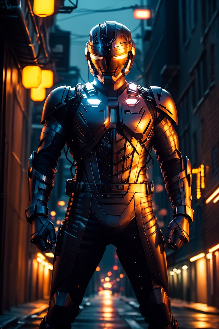 A solo metal hero stands confidently in a dimly lit, neon-lit alleyway. The hero's metallic armor glistens under the faint glow of streetlights and distant cityscapes. A sleek, high-tech motorcycle leans against the wall behind him, its engine humming softly. The hero's pose is strong and assertive, fists clenched as he surveys his surroundings with a fearless gaze.,metalder