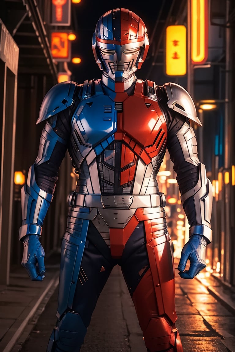 A solo metal hero stands confidently in a dimly lit, neon-lit alleyway, the body has a half red color and blue color. The hero's armor glistens under the faint glow of streetlights and distant cityscapes. A sleek, high-tech motorcycle leans against the wall behind him, its engine humming softly. The hero's pose is strong and assertive, fists clenched as he surveys his surroundings with a fearless gaze.,metalder