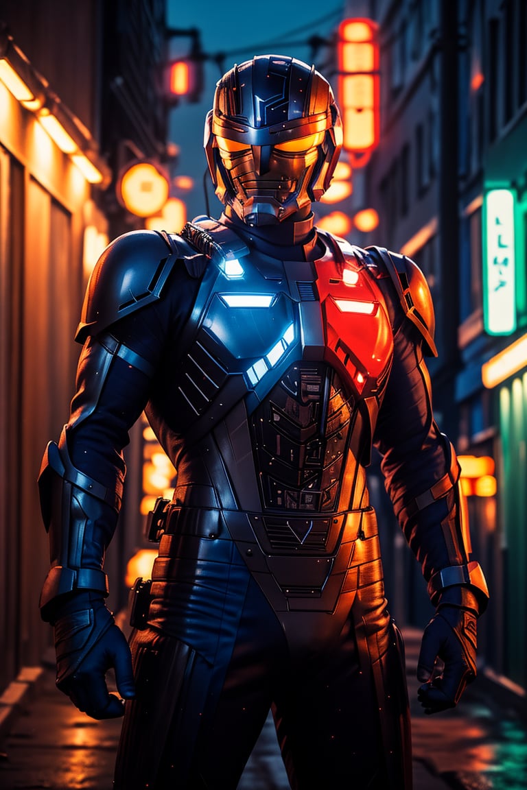 A solo metal hero stands confidently in a dimly lit, neon-lit alleyway, the body has a half red color and blue color. The hero's armor glistens under the faint glow of streetlights and distant cityscapes. A sleek, high-tech motorcycle leans against the wall behind him, its engine humming softly. The hero's pose is strong and assertive, fists clenched as he surveys his surroundings with a fearless gaze.,metalder