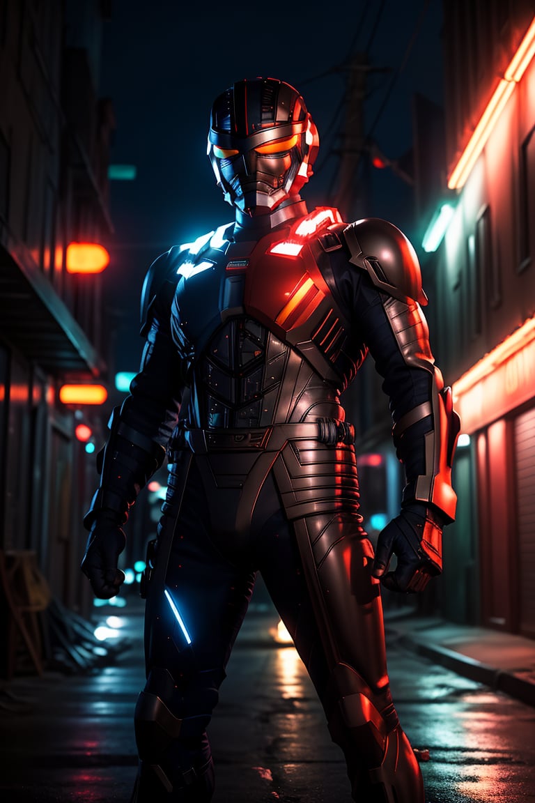 A solo metal hero stands confidently in a dimly lit, neon-lit alleyway, the body has a half red color and blue color. The hero's armor glistens under the faint glow of streetlights and distant cityscapes. A sleek, high-tech motorcycle leans against the wall behind him, its engine humming softly. The hero's pose is strong and assertive, fists clenched as he surveys his surroundings with a fearless gaze.,metalder