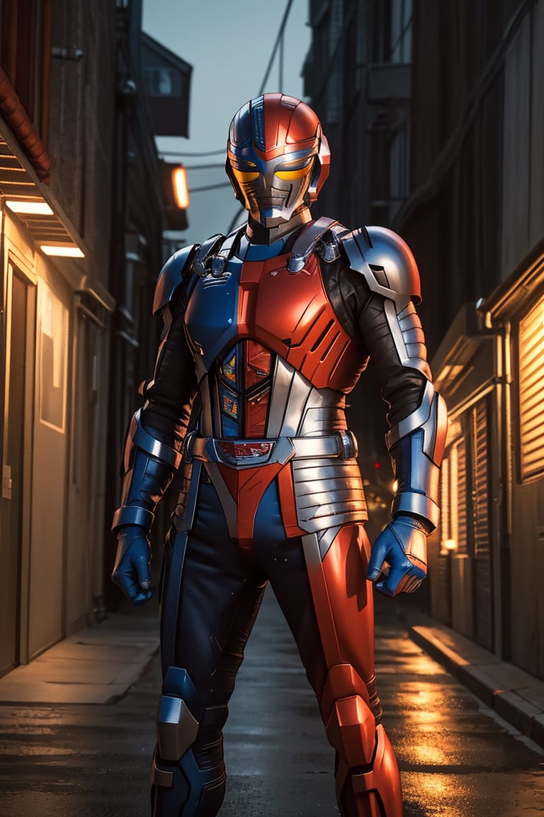 A solo metal hero stands confidently in a dimly lit, neon-lit alleyway, the body has a half red color and blue color. The hero's armor glistens under the faint glow of streetlights and distant cityscapes. A sleek, high-tech motorcycle leans against the wall behind him, its engine humming softly. The hero's pose is strong and assertive, fists clenched as he surveys his surroundings with a fearless gaze.,metalder