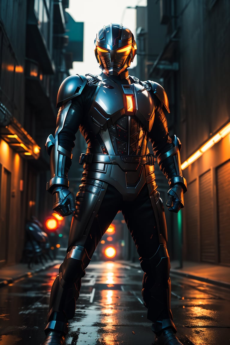 A solo metal hero stands confidently in a dimly lit, neon-lit alleyway. The hero's metallic armor glistens under the faint glow of streetlights and distant cityscapes. A sleek, high-tech motorcycle leans against the wall behind him, its engine humming softly. The hero's pose is strong and assertive, fists clenched as he surveys his surroundings with a fearless gaze.,metalder