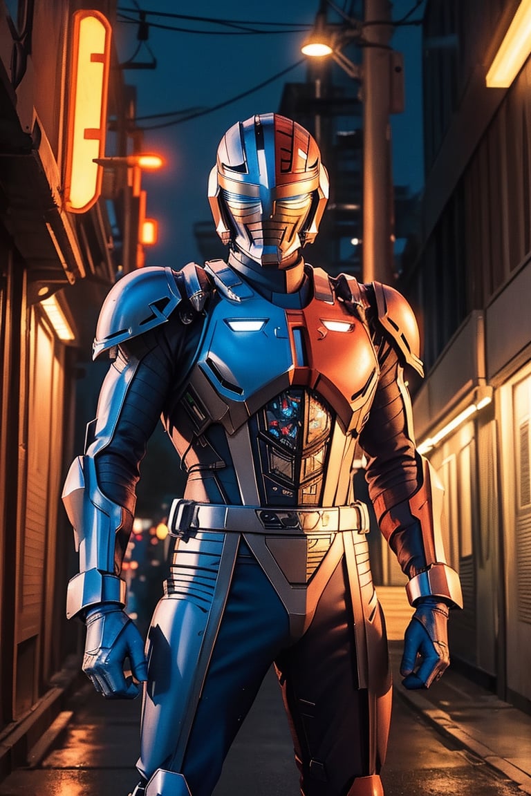 A solo metal hero stands confidently in a dimly lit, neon-lit alleyway, the body has a half red color and blue color. The hero's armor glistens under the faint glow of streetlights and distant cityscapes. A sleek, high-tech motorcycle leans against the wall behind him, its engine humming softly. The hero's pose is strong and assertive, fists clenched as he surveys his surroundings with a fearless gaze.,metalder